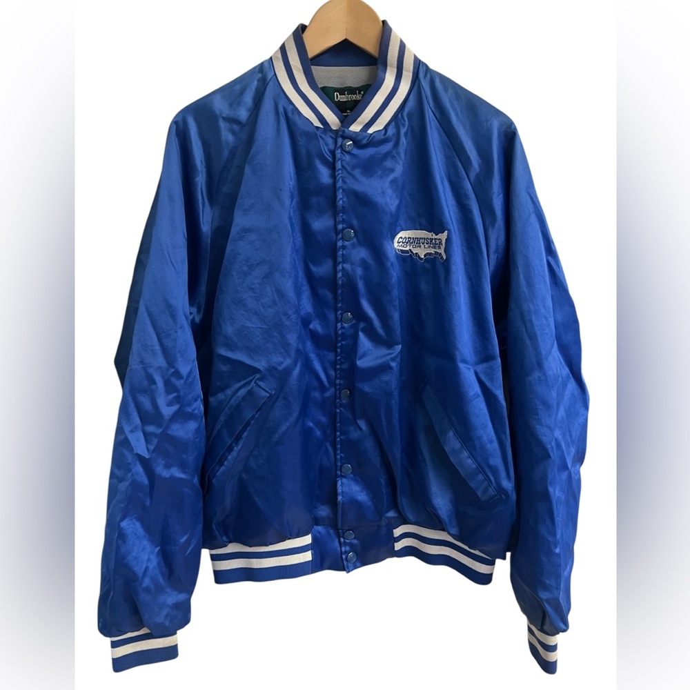 Vintage Dunbrooke “Cornhusker Motor Lines” Blue Satin Jacket Men's XL Made in US